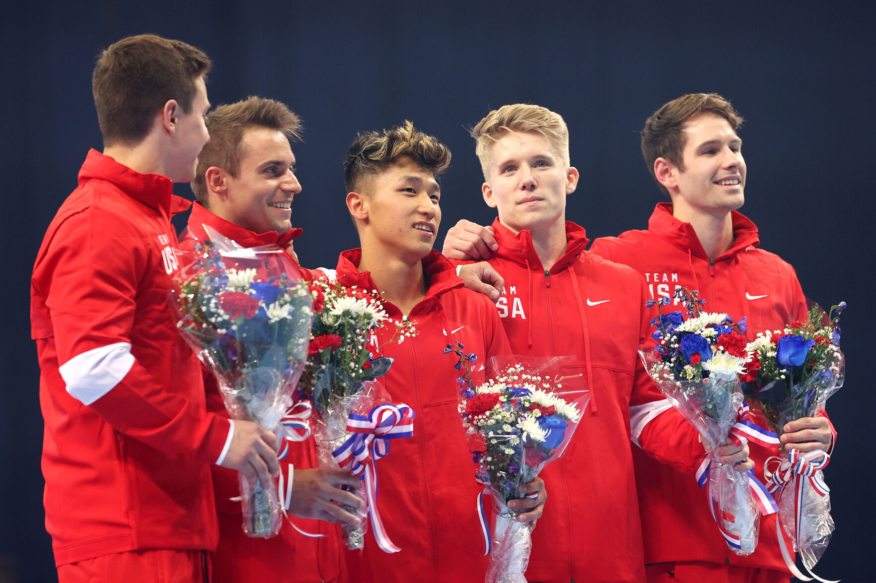Brody Malone, Sam Mikulak, Yul Moldauer, Shane Wiskus and Alec Yoder after being selected to the U.S. Olympic Gymnastics team at the Men's competition of the U.S. Gymnastics Olympic Trials at America's Center in St. Louis on June 26, 2021.